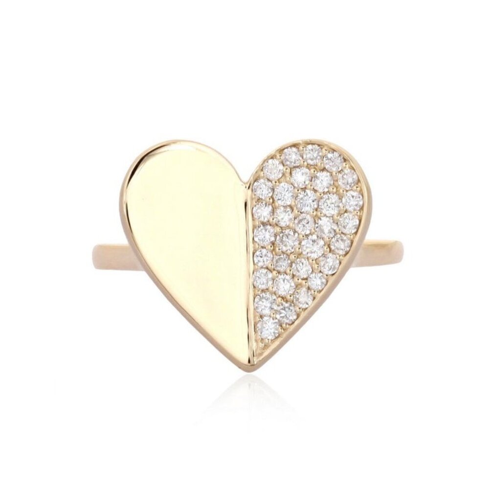 Half Pave Diamond 14K (or 18k upon request) Yellow Gold Heart Ring
